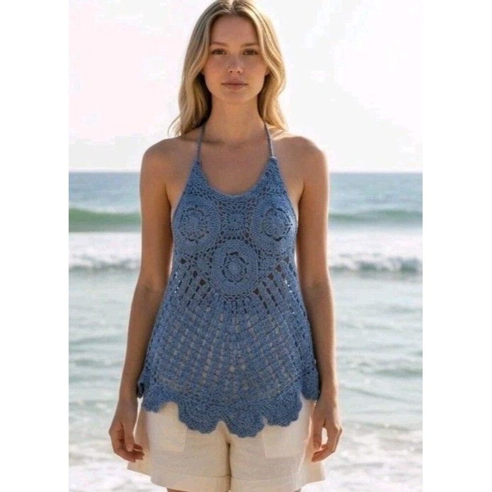 Vintage 90s Crochet Halter Top M Open Back Fairycore Boho Festival Cotton Lined